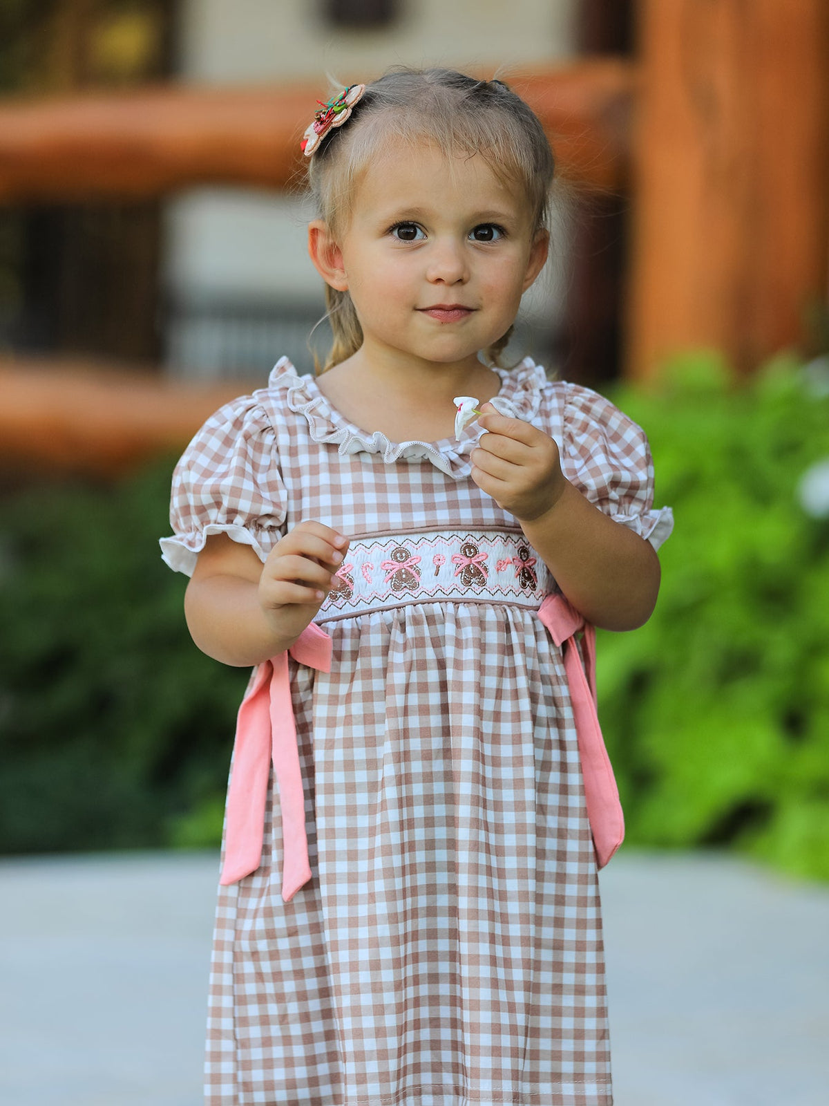 Rylee Faith Designs - Christmas Vintage-Style Plaid Dress with Embroidered Gingerbread and Bows - alternate view 3
