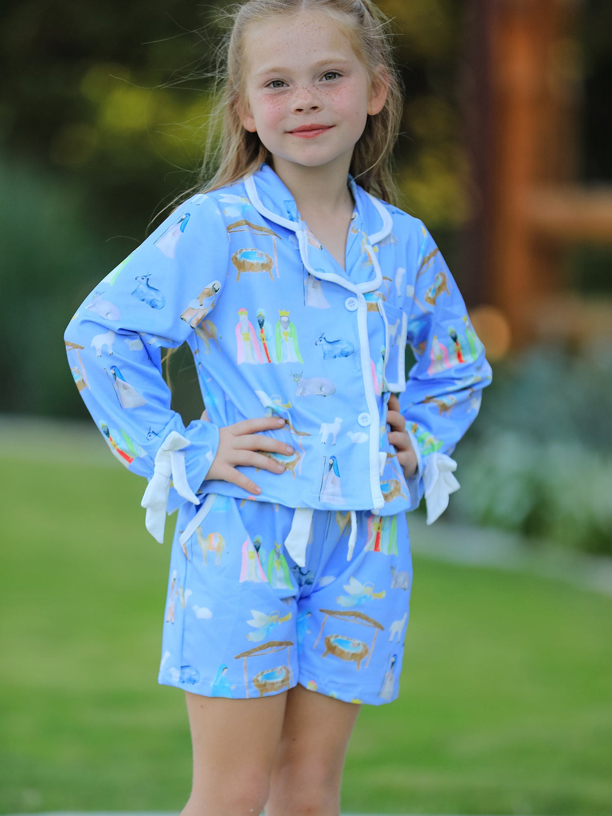 Rylee Faith Designs - Blue Christmas Nativity Pattern Girls Pajamas Set