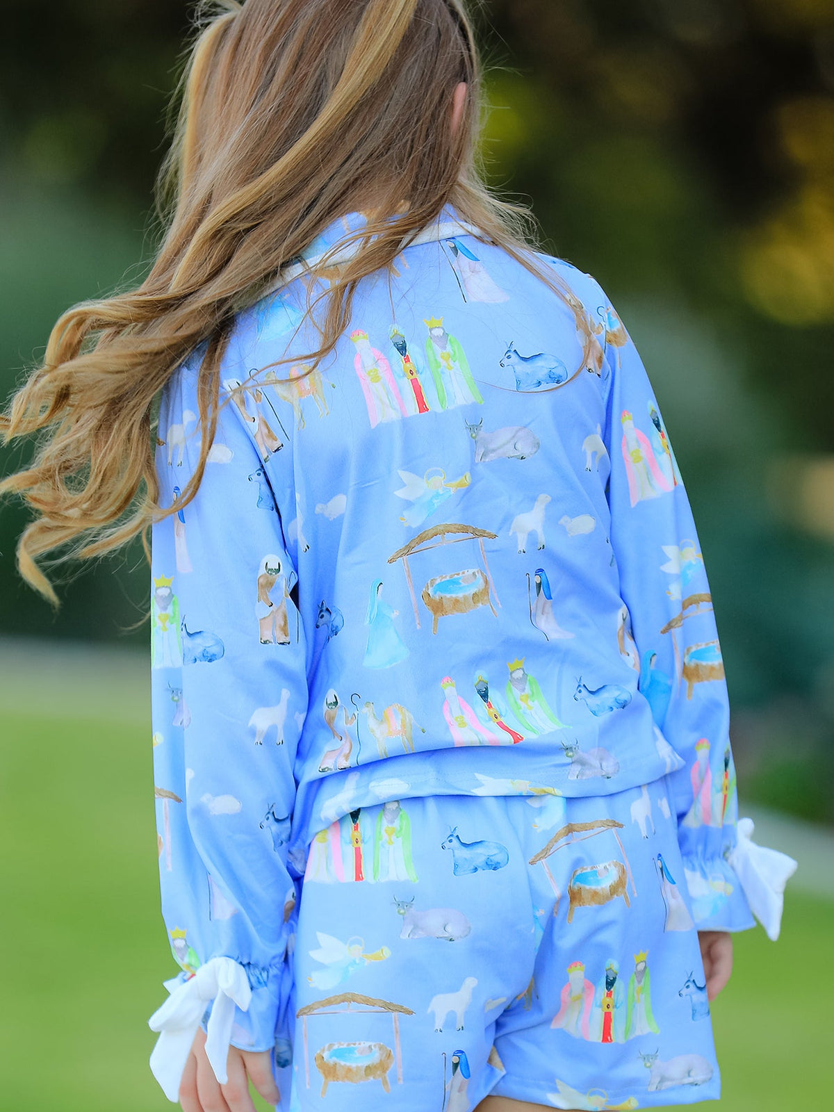 Rylee Faith Designs - Blue Christmas Nativity Pattern Girls Pajamas Set - alternate view 4