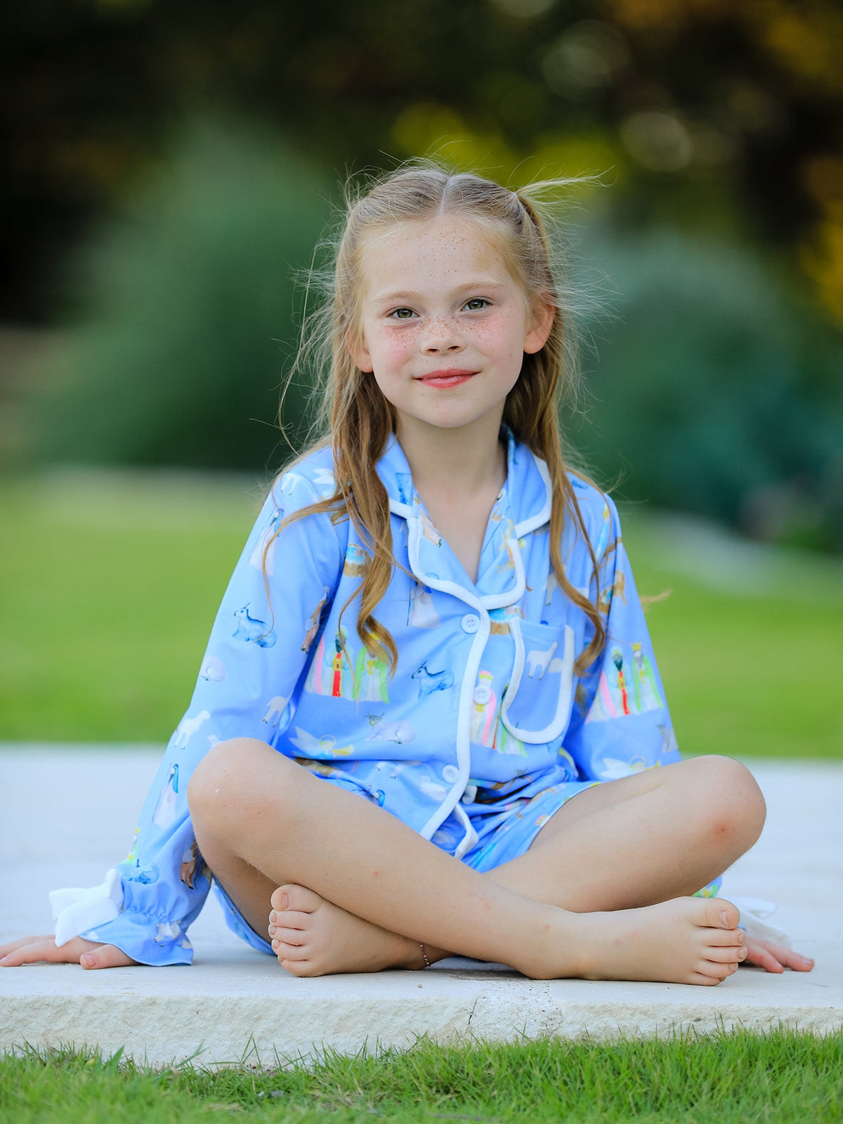 Rylee Faith Designs - Blue Christmas Nativity Pattern Girls Pajamas Set - alternate view 3