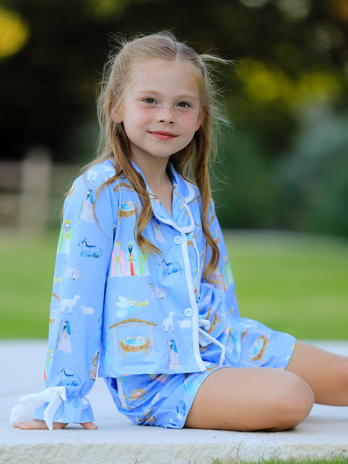 Rylee Faith Designs - Blue Christmas Nativity Pattern Girls Pajamas Set - alternate view 2