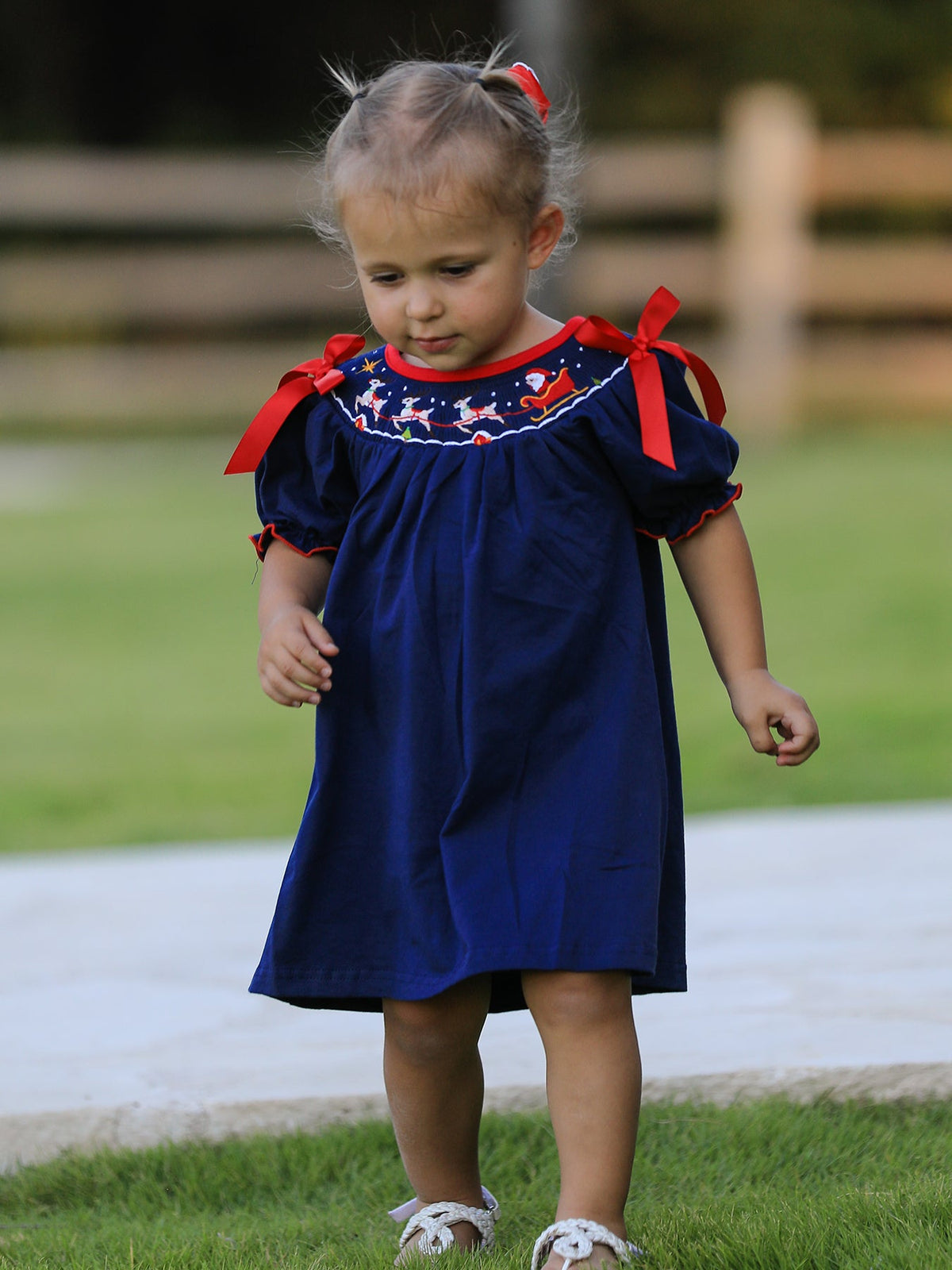 Rylee Faith Designs - Christmas Holiday Celebration Dress: Navy with Santa Sleigh