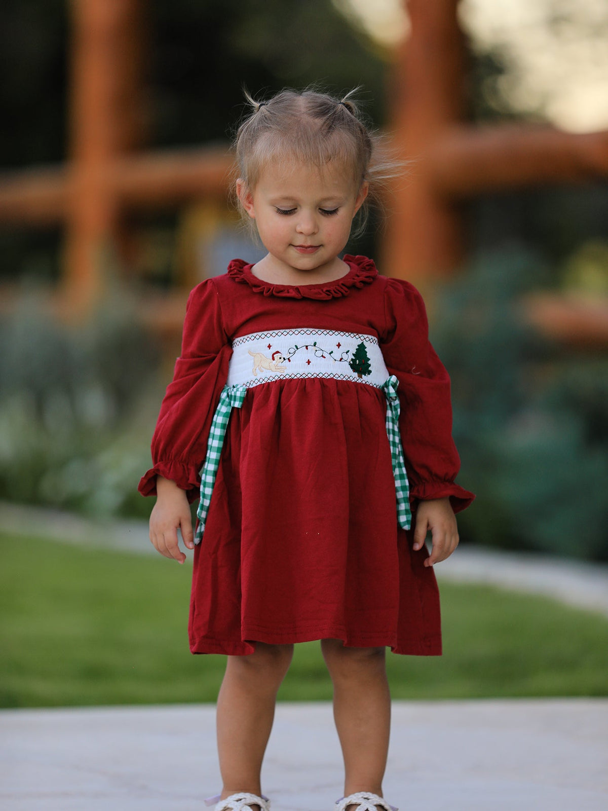 Rylee Faith Designs - Christmas Smocking Embroidered Girls Dress with Green Plaid Bow