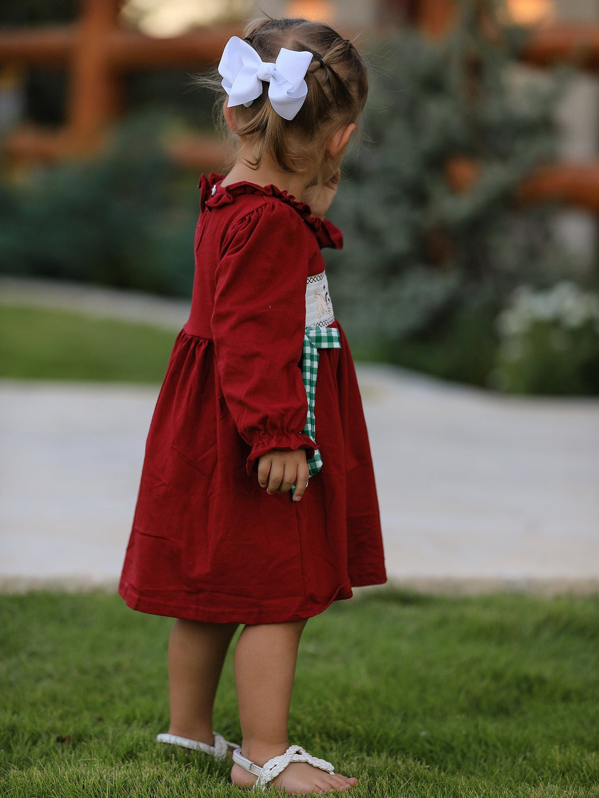 Rylee Faith Designs - Christmas Smocking Embroidered Girls Dress with Green Plaid Bow - alternate view 3