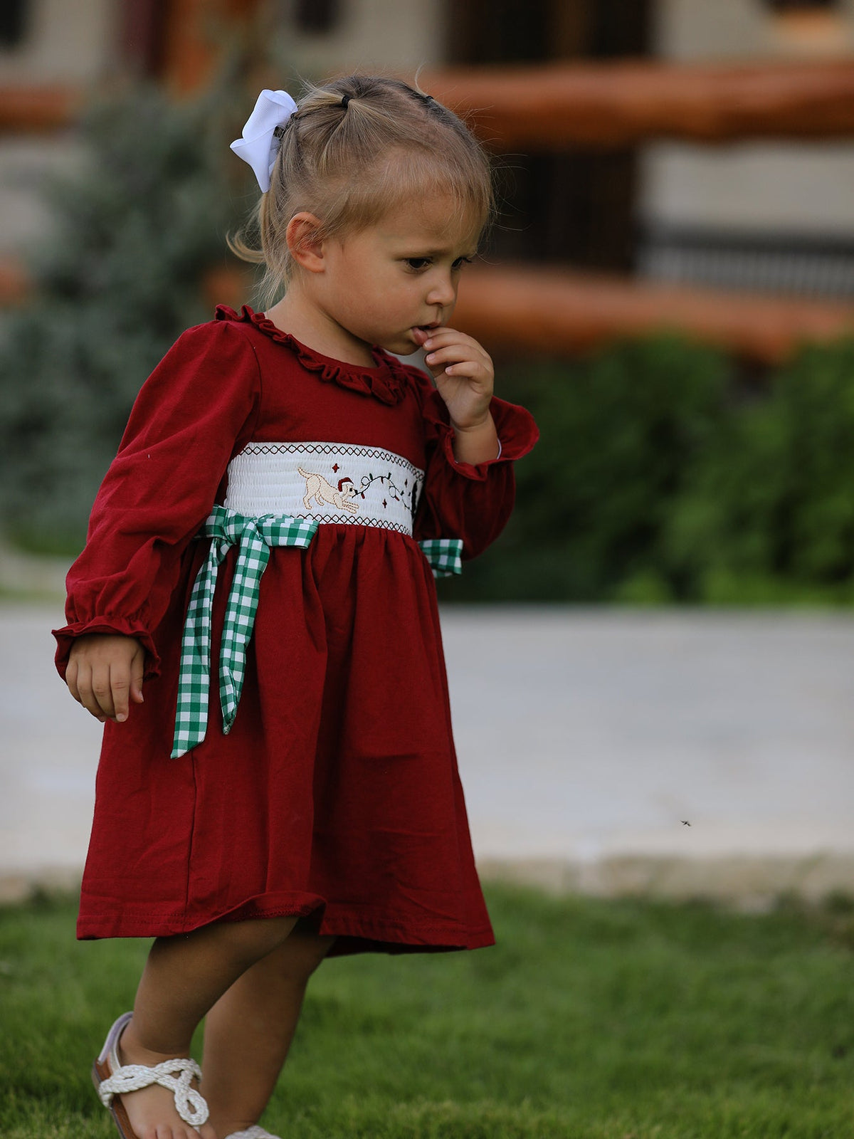 Rylee Faith Designs - Christmas Smocking Embroidered Girls Dress with Green Plaid Bow - alternate view 4
