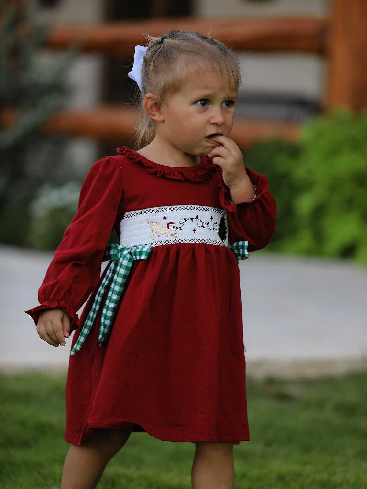 Rylee Faith Designs - Christmas Smocking Embroidered Girls Dress with Green Plaid Bow - alternate view 5