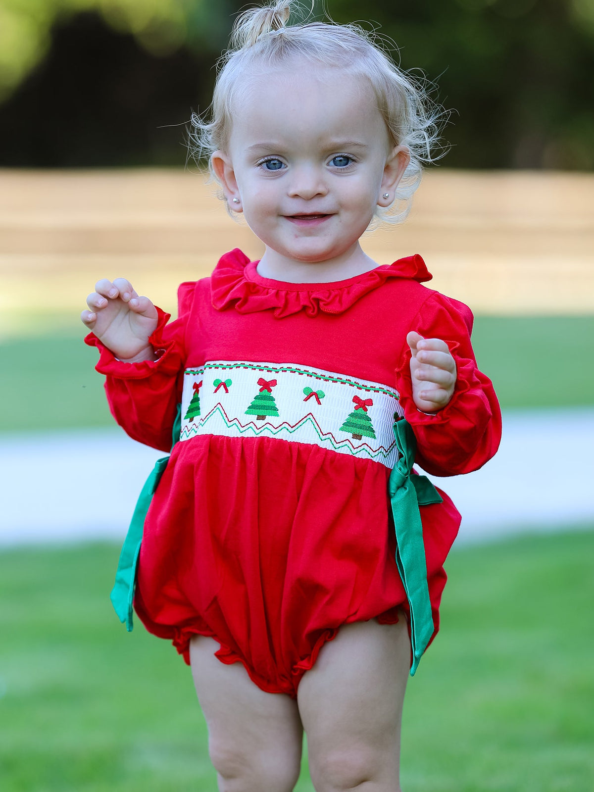 Rylee Faith Designs - Christmas Smocked Girls Romper with Green Bow and Tree Embroidery - alternate view 2