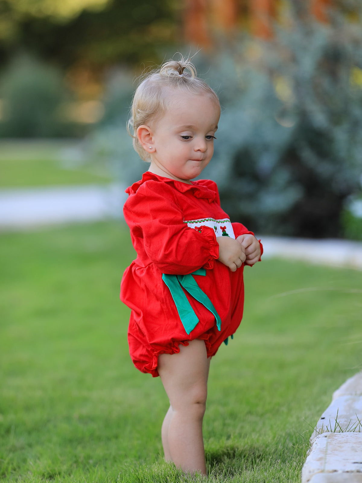 Rylee Faith Designs - Christmas Smocked Girls Romper with Green Bow and Tree Embroidery - alternate view 3