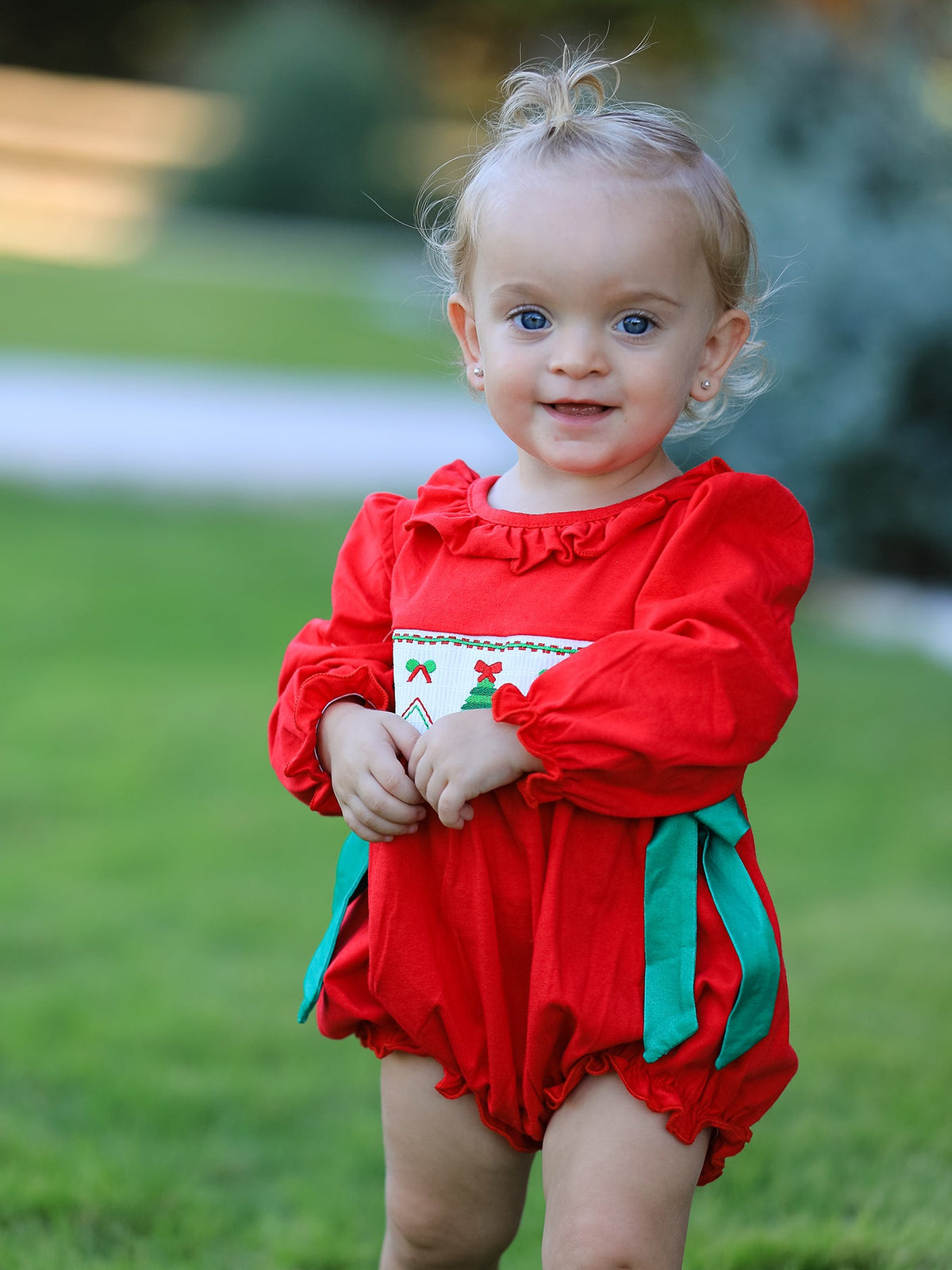 Rylee Faith Designs - Christmas Smocked Girls Romper with Green Bow and Tree Embroidery - alternate view 4