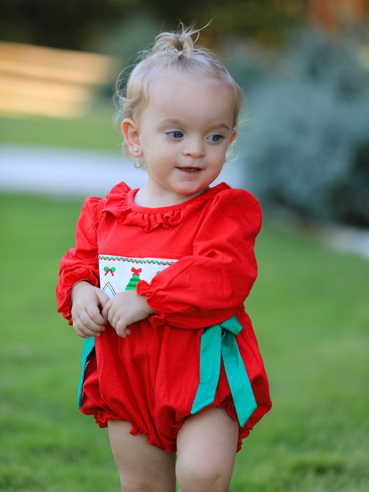 Rylee Faith Designs - Christmas Smocked Girls Romper with Green Bow and Tree Embroidery - alternate view 5