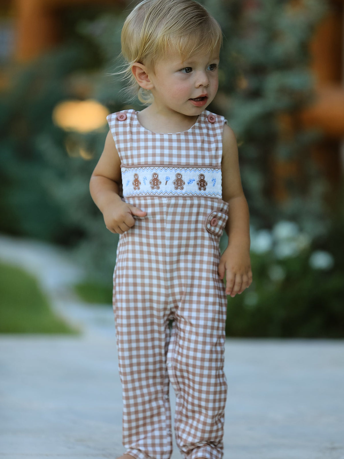 Rylee Faith Designs - Christmas Vintage-Style Plaid Embroidered Gingerbread and Bows Boy Romper