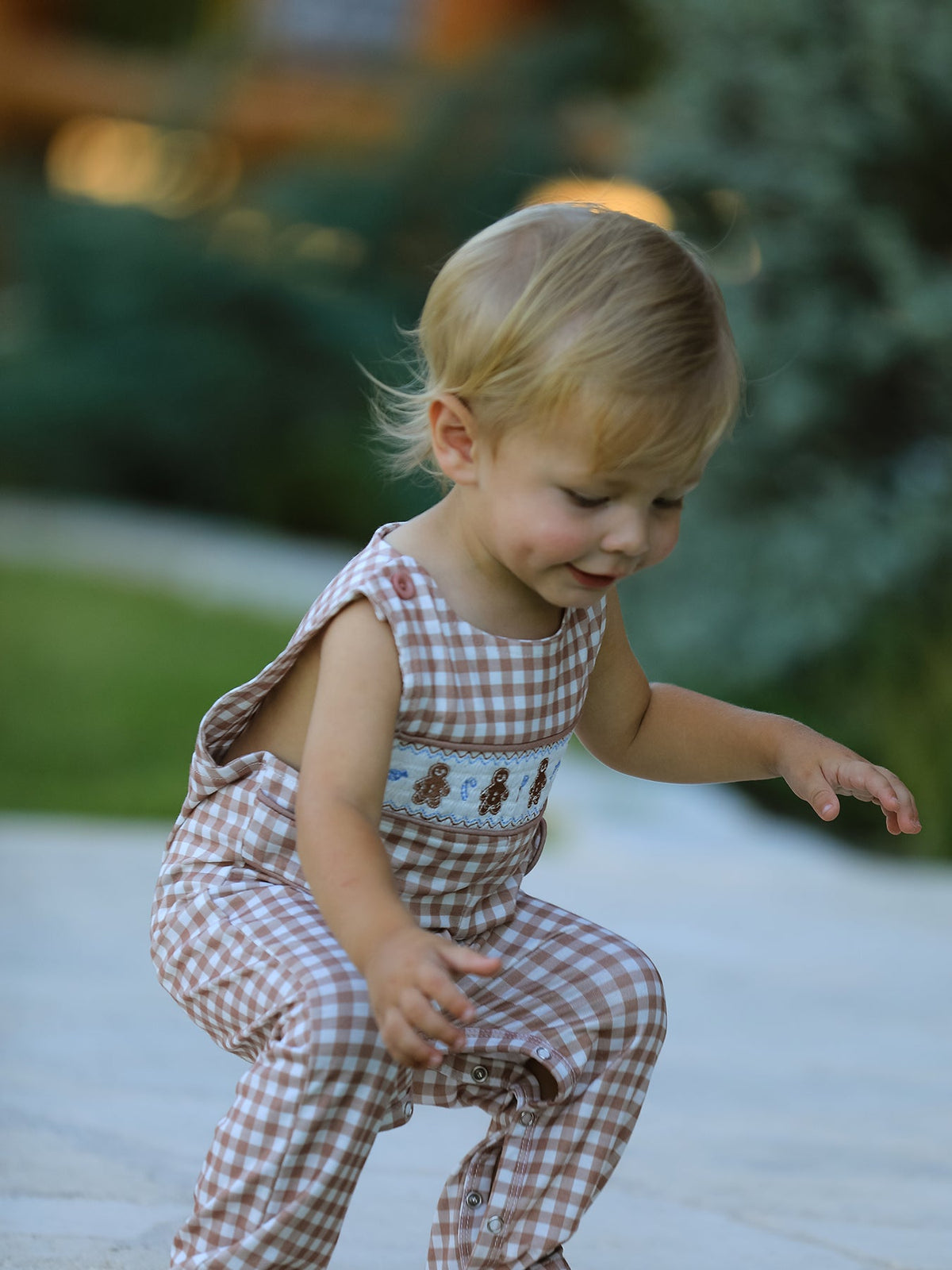 Rylee Faith Designs - Christmas Vintage-Style Plaid Embroidered Gingerbread and Bows Boy Romper - alternate view 2