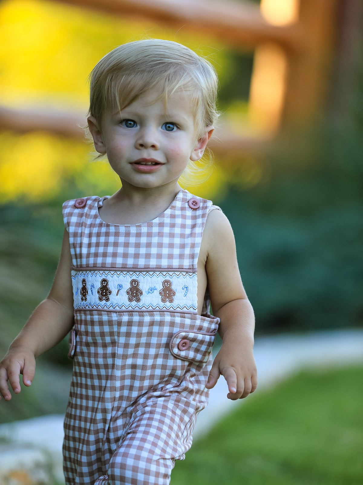 Rylee Faith Designs - Christmas Vintage-Style Plaid Embroidered Gingerbread and Bows Boy Romper - alternate view 3