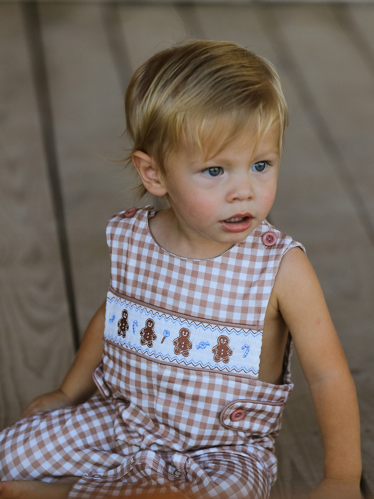 Rylee Faith Designs - Christmas Vintage-Style Plaid Embroidered Gingerbread and Bows Boy Romper - alternate view 4