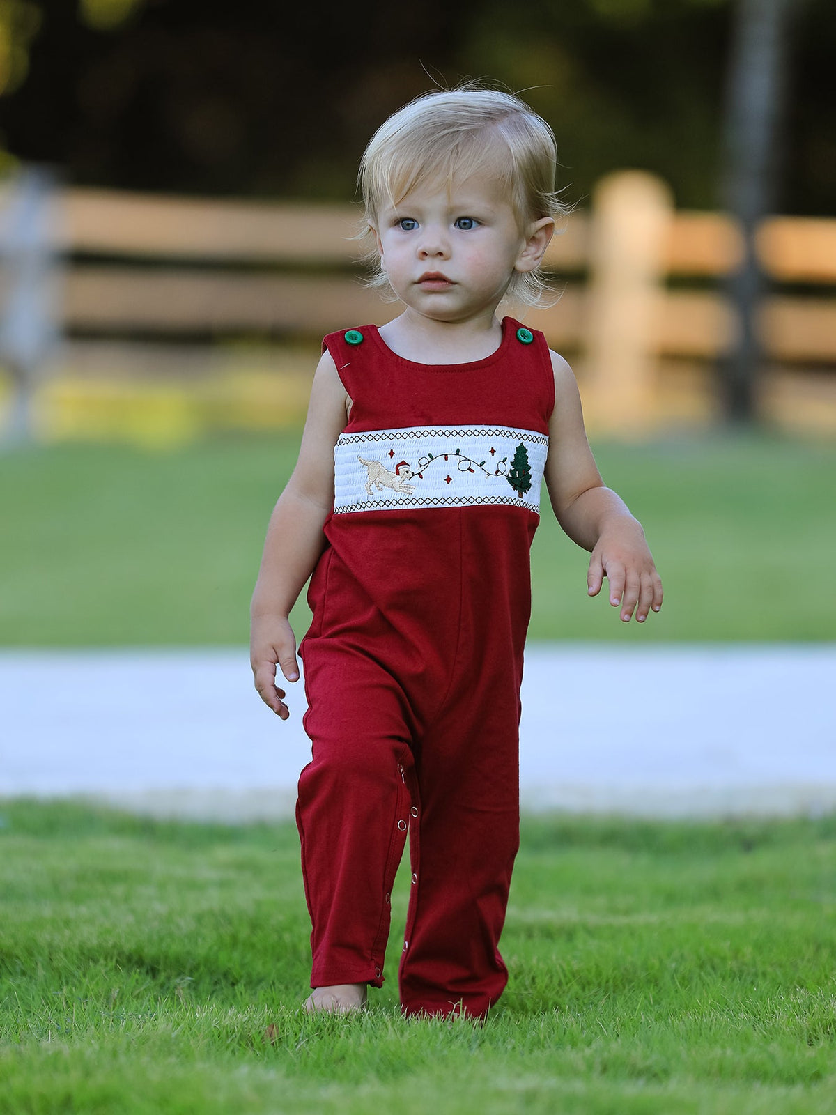 Rylee Faith Designs - Christmas Tree Dog Smocking Embroidered Baby Boys Romper