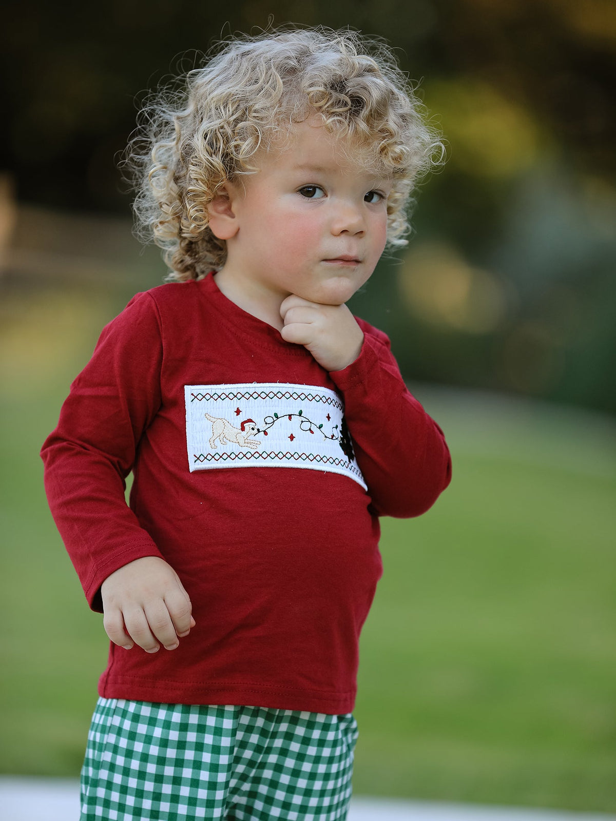 Rylee Faith Designs - Christmas Tree Dog Smocking Embroidered Plaid Boys Set - alternate view 7