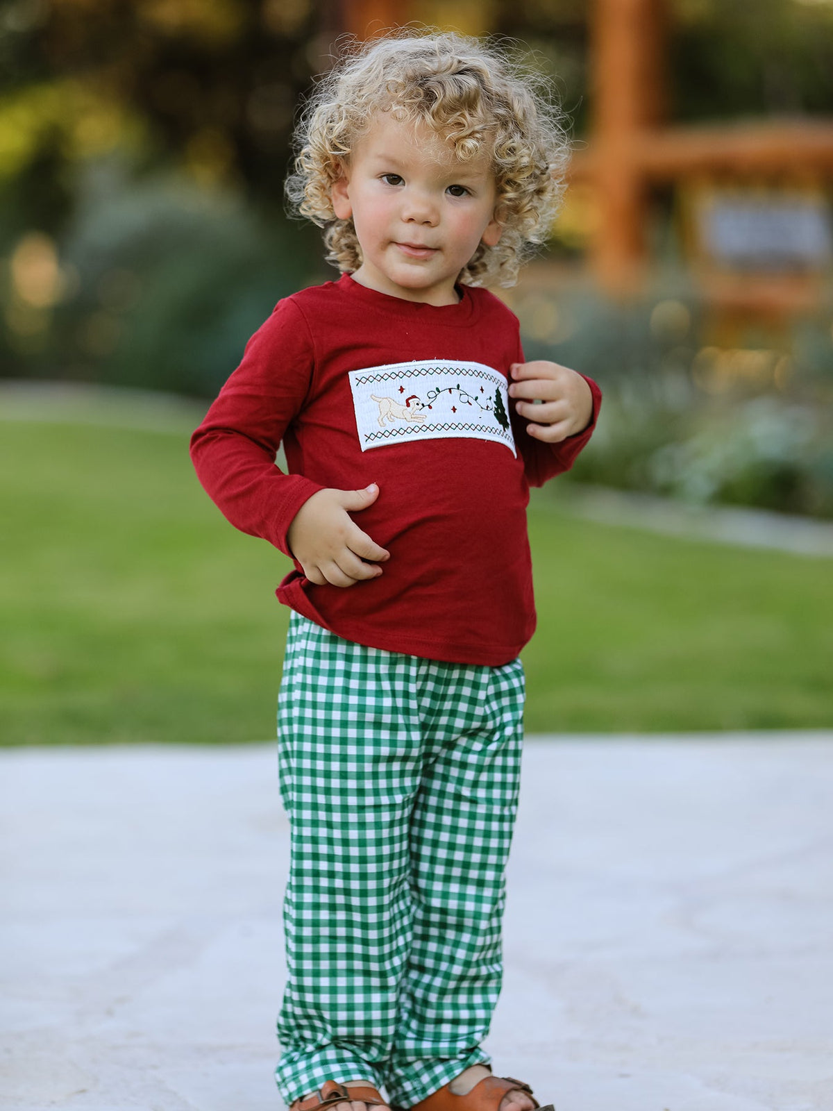 Rylee Faith Designs - Christmas Tree Dog Smocking Embroidered Plaid Boys Set - alternate view 5