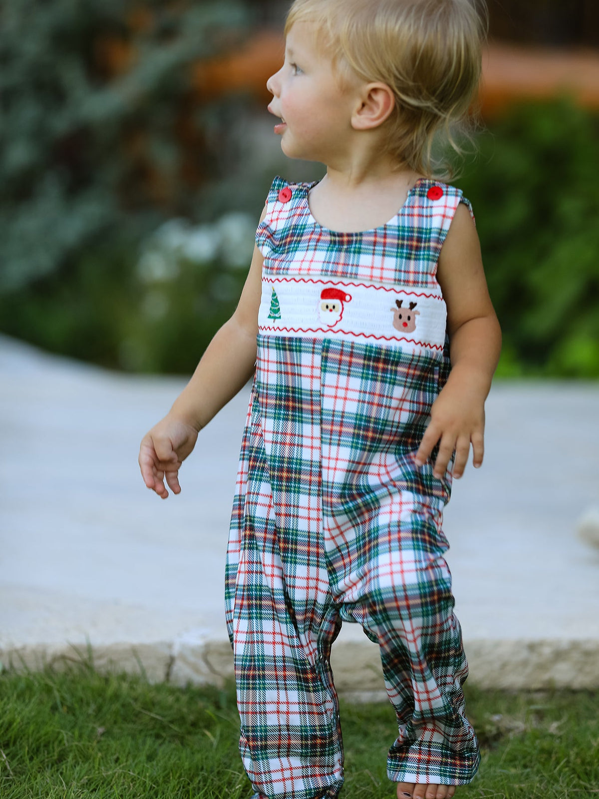 Rylee Faith Designs - Christmas Jonjon Plaid Smocking Embroidered Boys Romper - alternate view 3