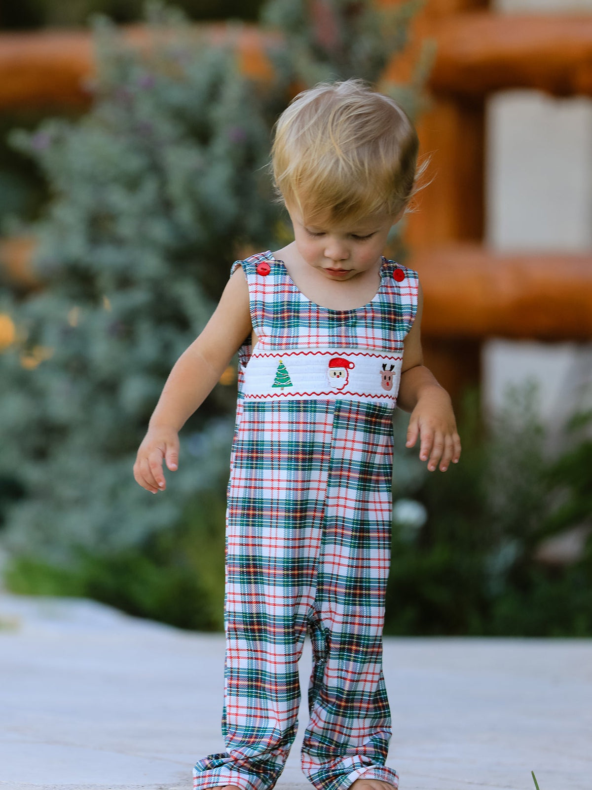 Rylee Faith Designs - Christmas Jonjon Plaid Smocking Embroidered Boys Romper