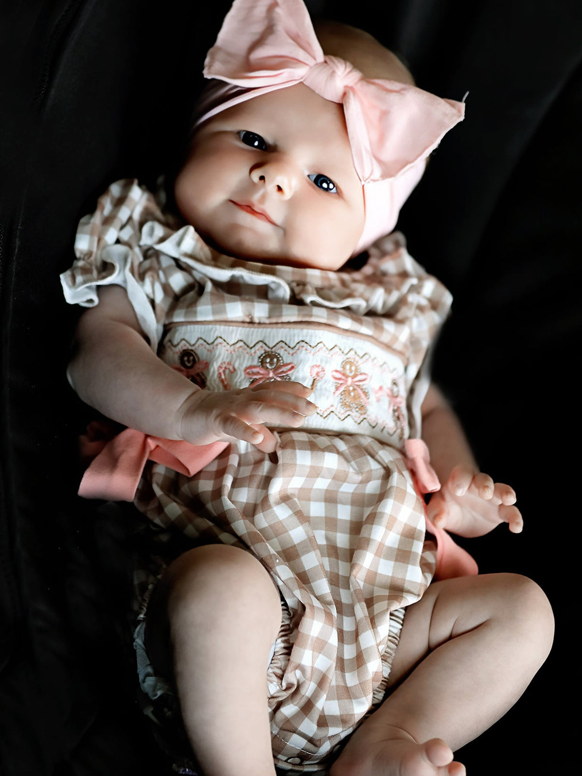 Rylee Faith Designs - Christmas Vintage-Style Plaid Embroidered Gingerbread and Bows Girls Romper - alternate view 3