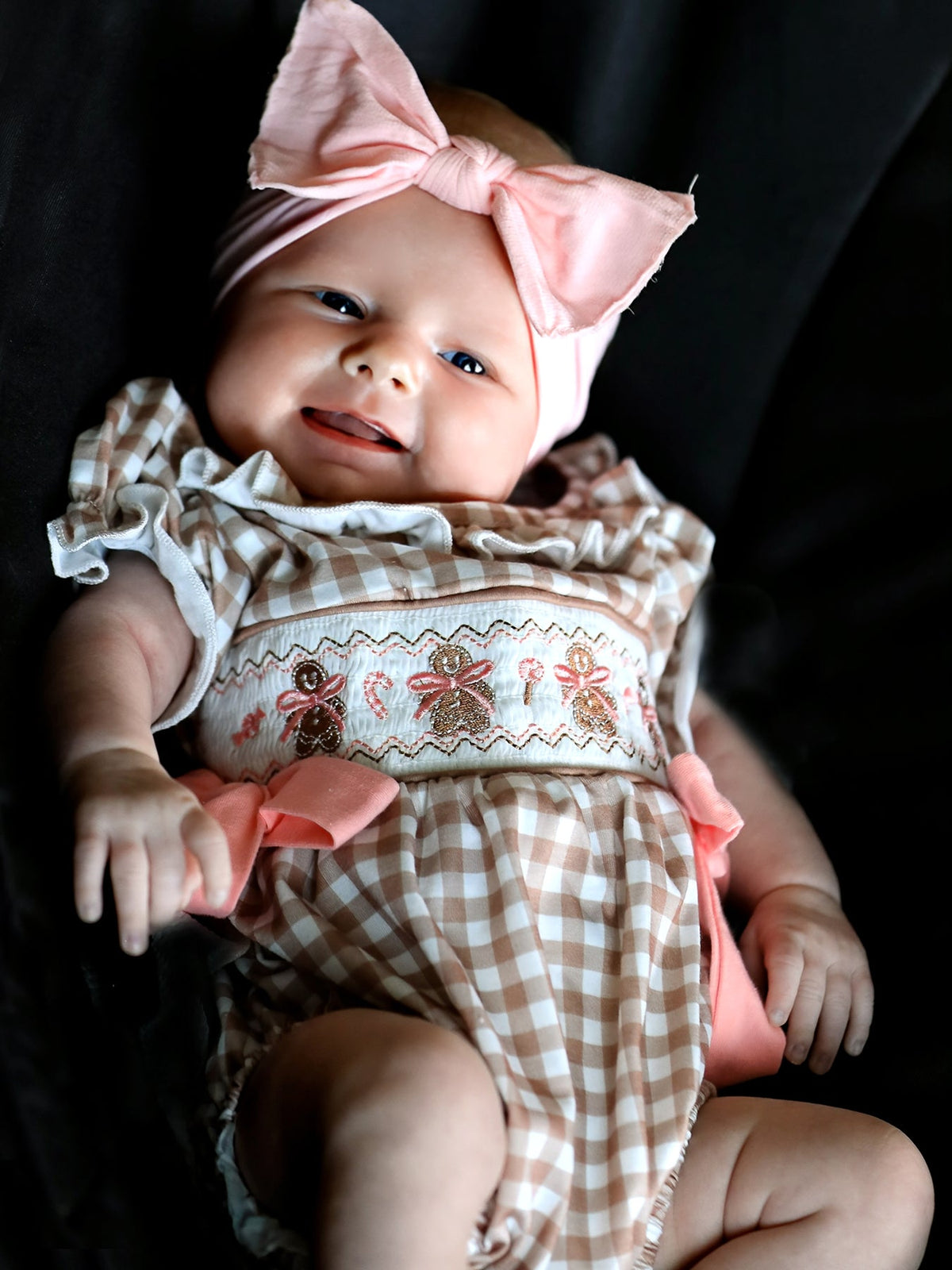 Rylee Faith Designs - Christmas Vintage-Style Plaid Embroidered Gingerbread and Bows Girls Romper