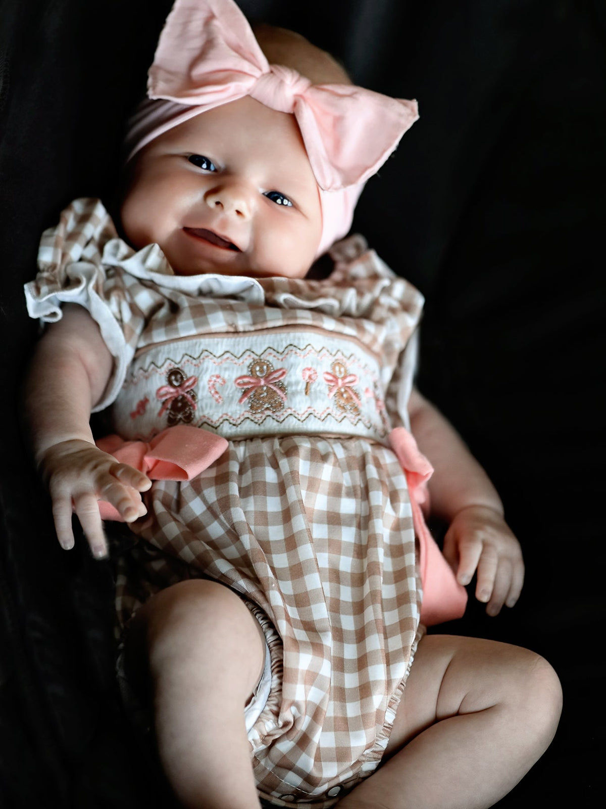 Rylee Faith Designs - Christmas Vintage-Style Plaid Embroidered Gingerbread and Bows Girls Romper - alternate view 2