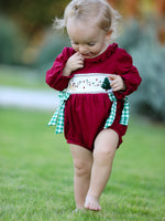 Rylee Faith Designs - Christmas Embroidered Baby Girls Romper with Green Plaid Bow