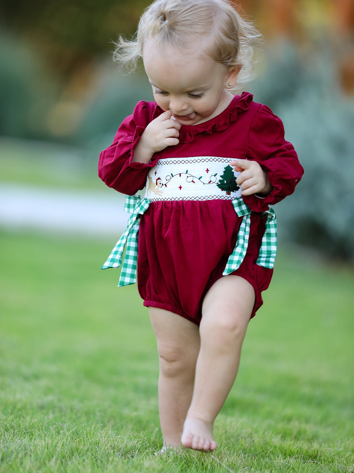 Rylee Faith Designs - Christmas Embroidered Baby Girls Romper with Green Plaid Bow