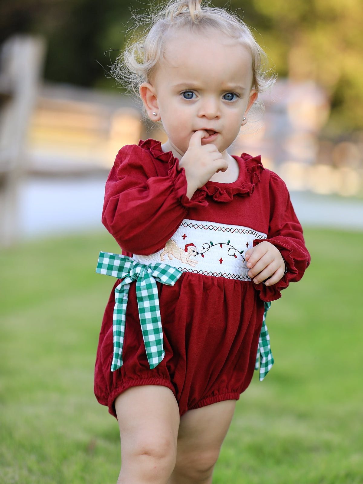 Rylee Faith Designs - Christmas Embroidered Baby Girls Romper with Green Plaid Bow - alternate view 3