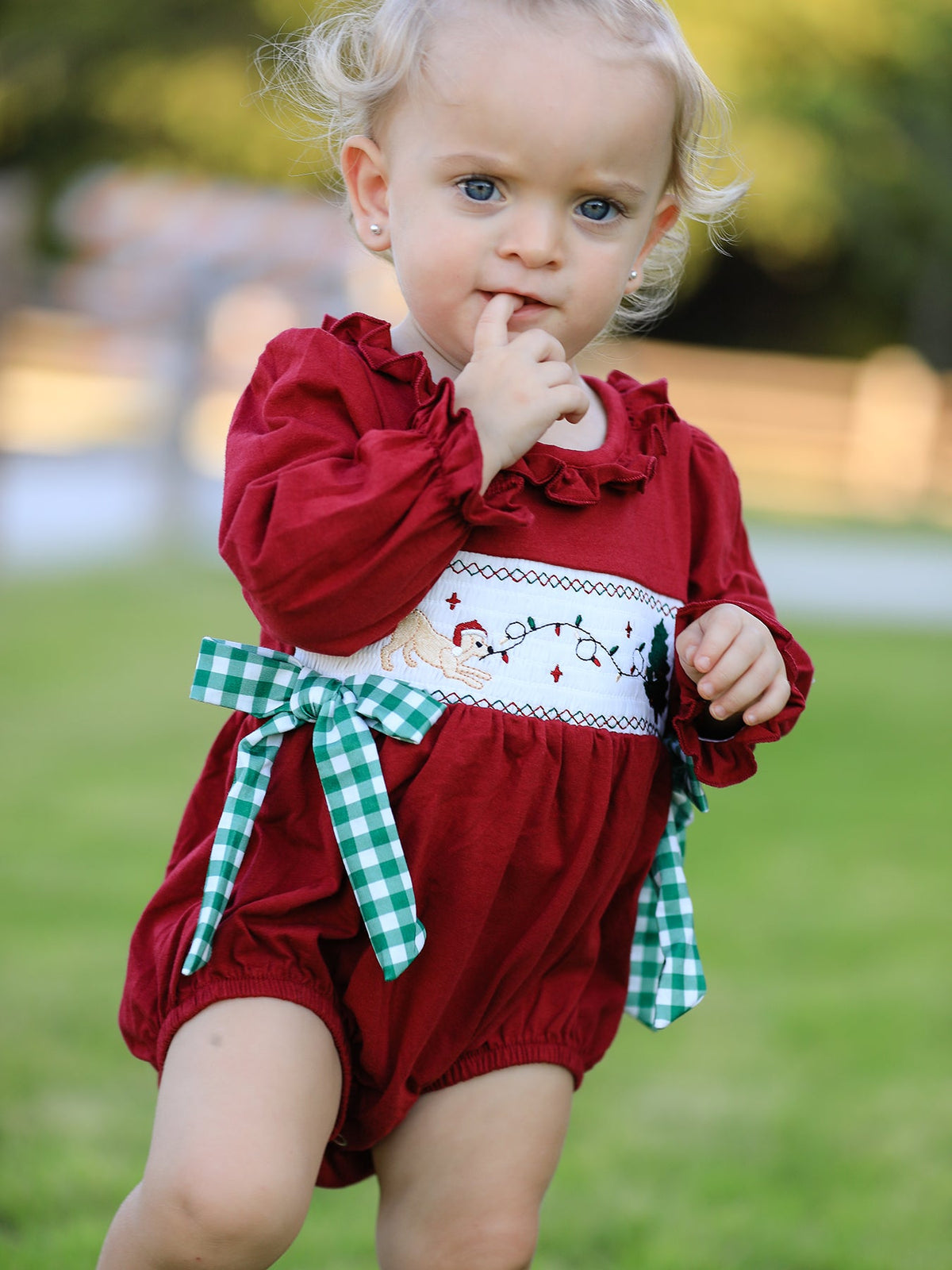 Rylee Faith Designs - Christmas Embroidered Baby Girls Romper with Green Plaid Bow - alternate view 2