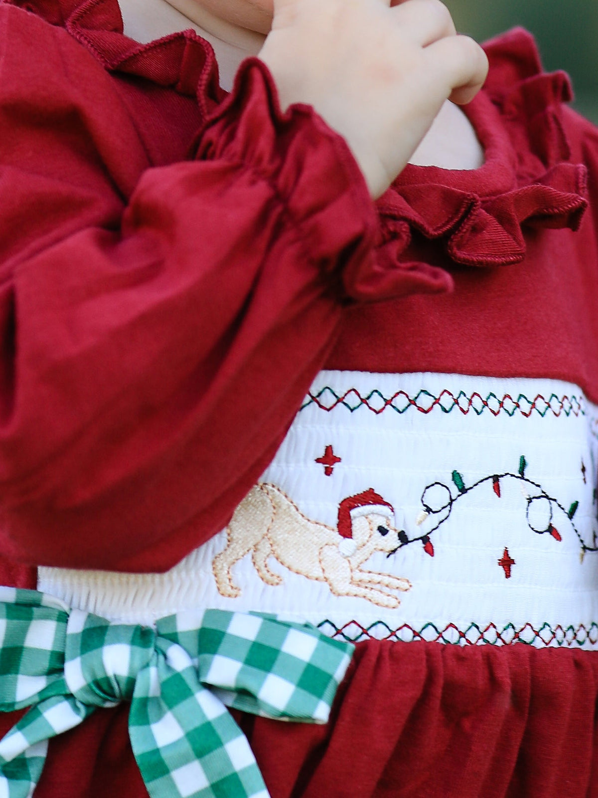 Rylee Faith Designs - Christmas Embroidered Baby Girls Romper with Green Plaid Bow - alternate view 4