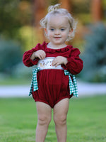 Rylee Faith Designs - Christmas Embroidered Baby Girls Romper with Green Plaid Bow - alternate view 5