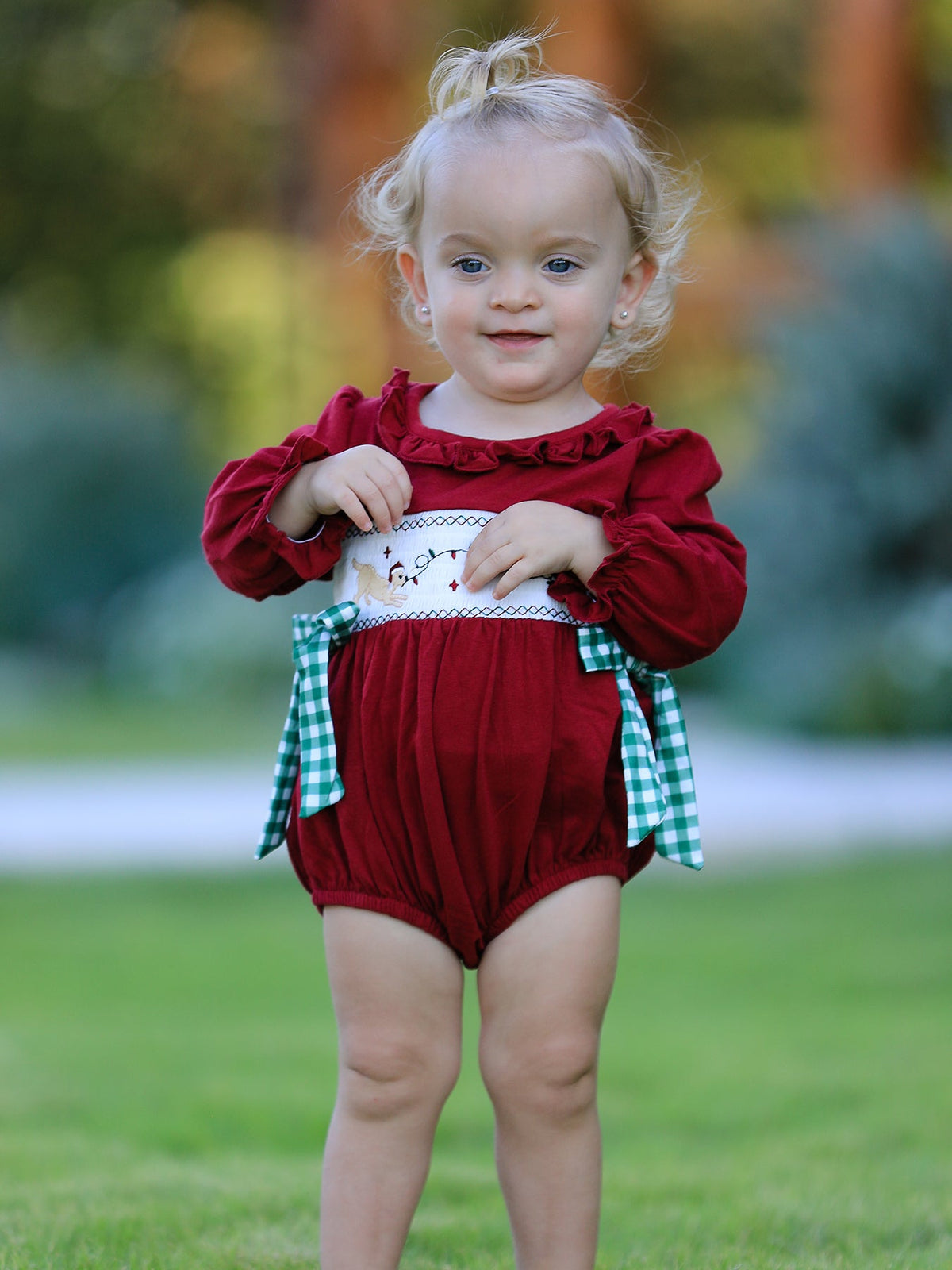 Rylee Faith Designs - Christmas Embroidered Baby Girls Romper with Green Plaid Bow - alternate view 5