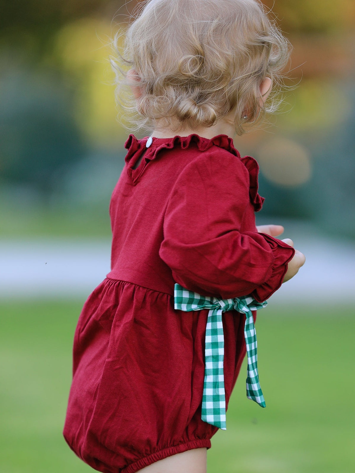 Rylee Faith Designs - Christmas Embroidered Baby Girls Romper with Green Plaid Bow - alternate view 6