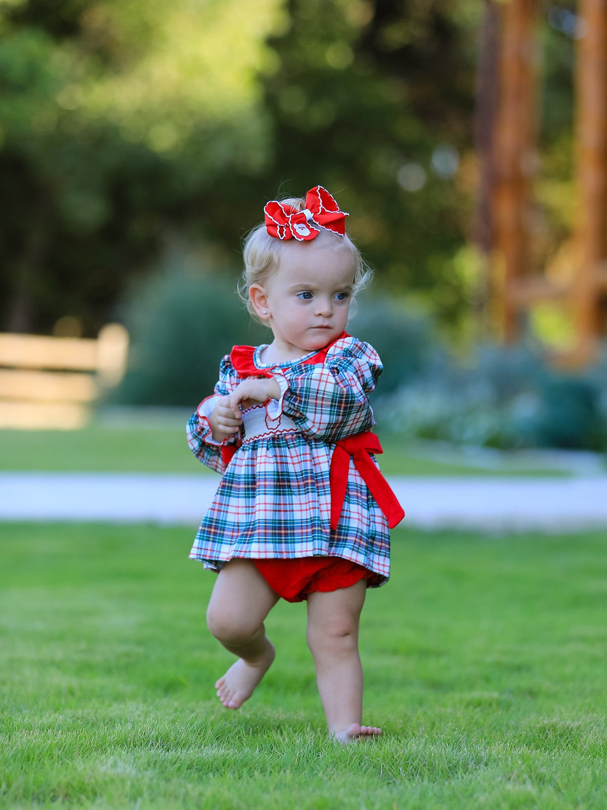 Rylee Faith Designs - Christmas Plaid Smocking Embroidered Girls Bloomers Romper Set - alternate view 5