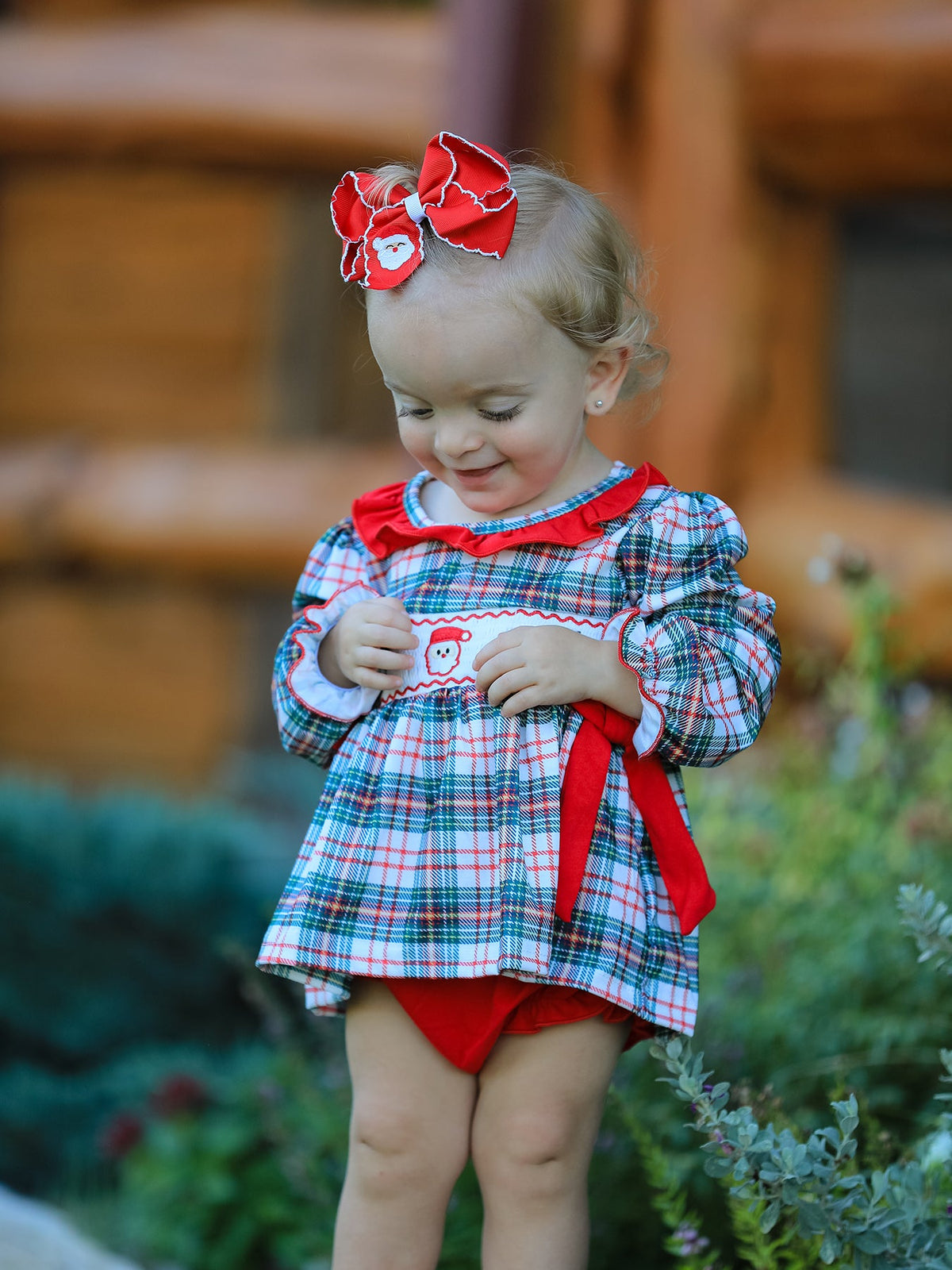 Rylee Faith Designs - Christmas Plaid Smocking Embroidered Girls Bloomers Romper Set - alternate view 2