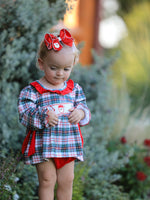 Rylee Faith Designs - Christmas Plaid Smocking Embroidered Girls Bloomers Romper Set