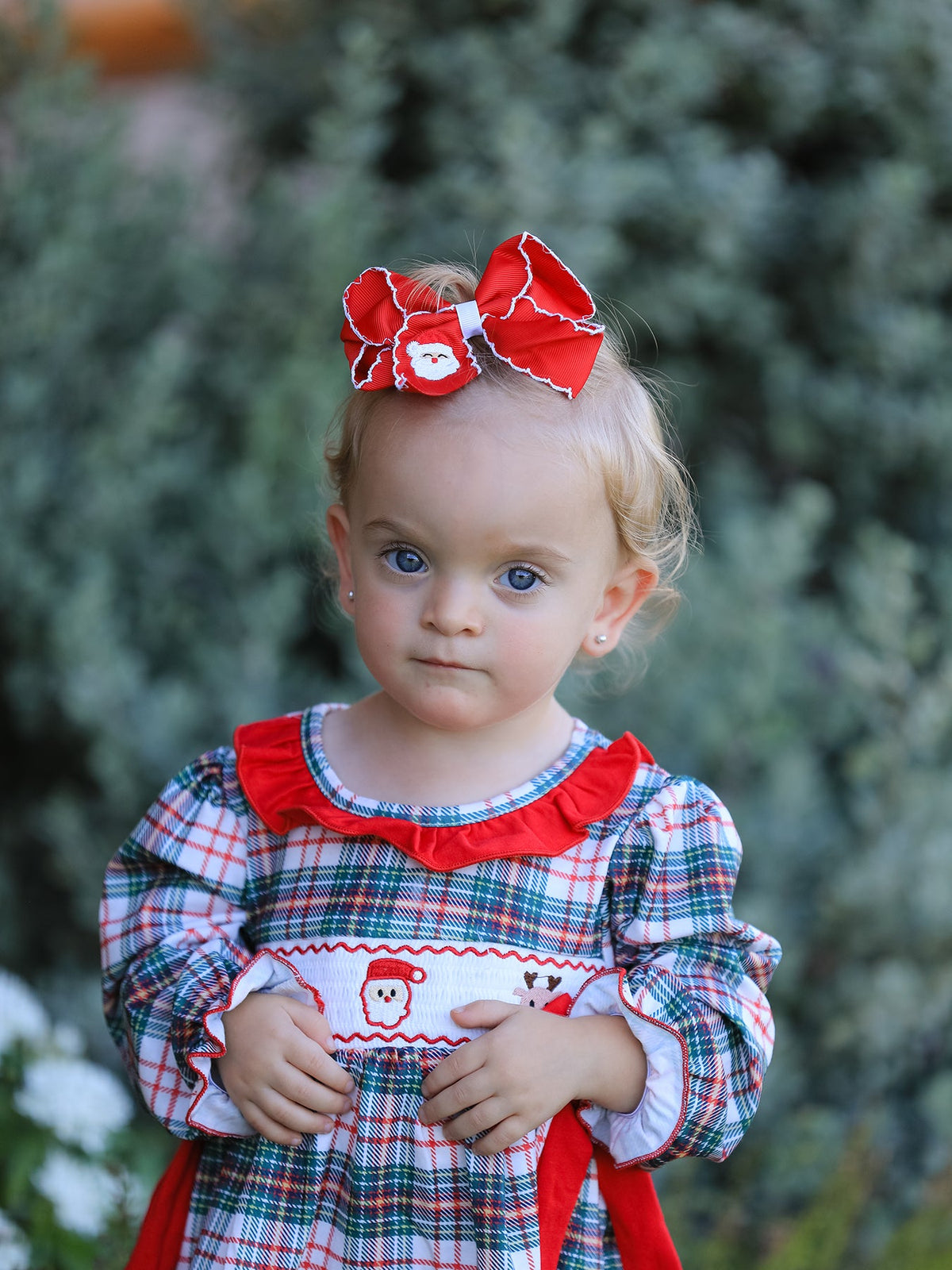Rylee Faith Designs - Christmas Plaid Smocking Embroidered Girls Bloomers Romper Set - alternate view 4