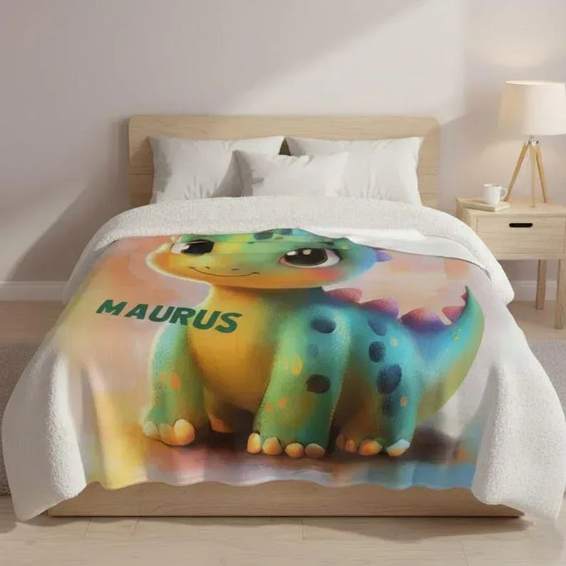 Personalized Dinosaur Blanket | Custom Name | Rainbow Colorful Smiling Dino Flannel Fleece Throw Gift