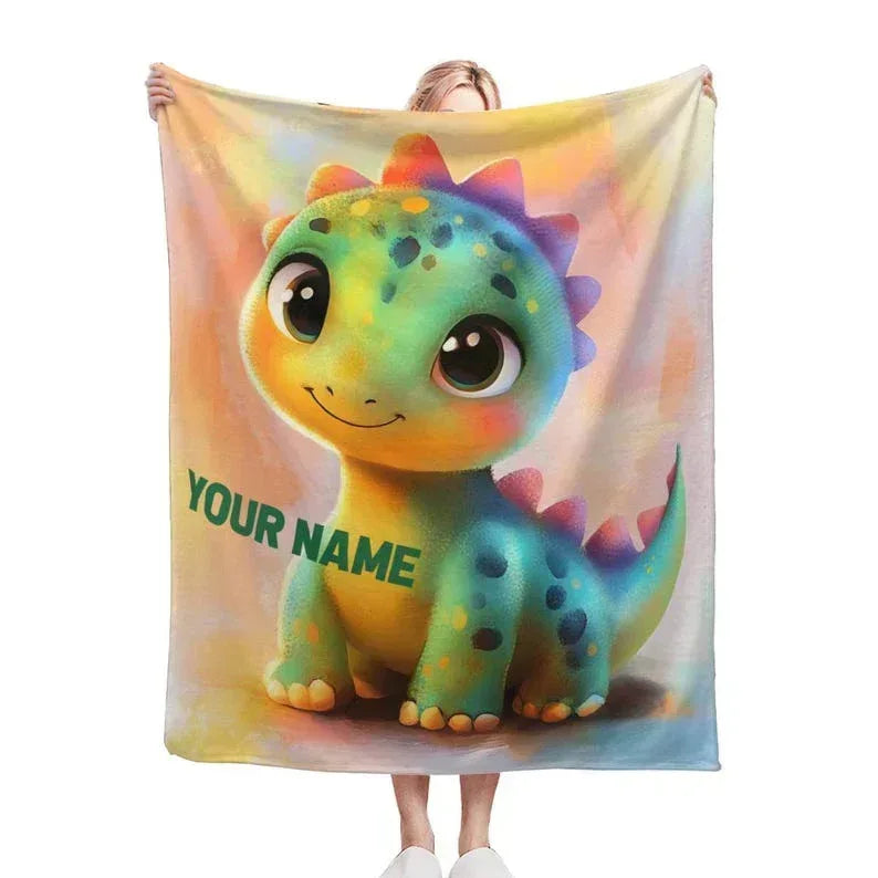 Personalized Dinosaur Blanket | Custom Name | Rainbow Colorful Smiling Dino Flannel Fleece Throw Gift