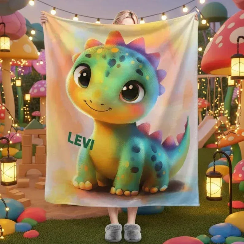 Personalized Dinosaur Blanket | Custom Name | Rainbow Colorful Smiling Dino Flannel Fleece Throw Gift