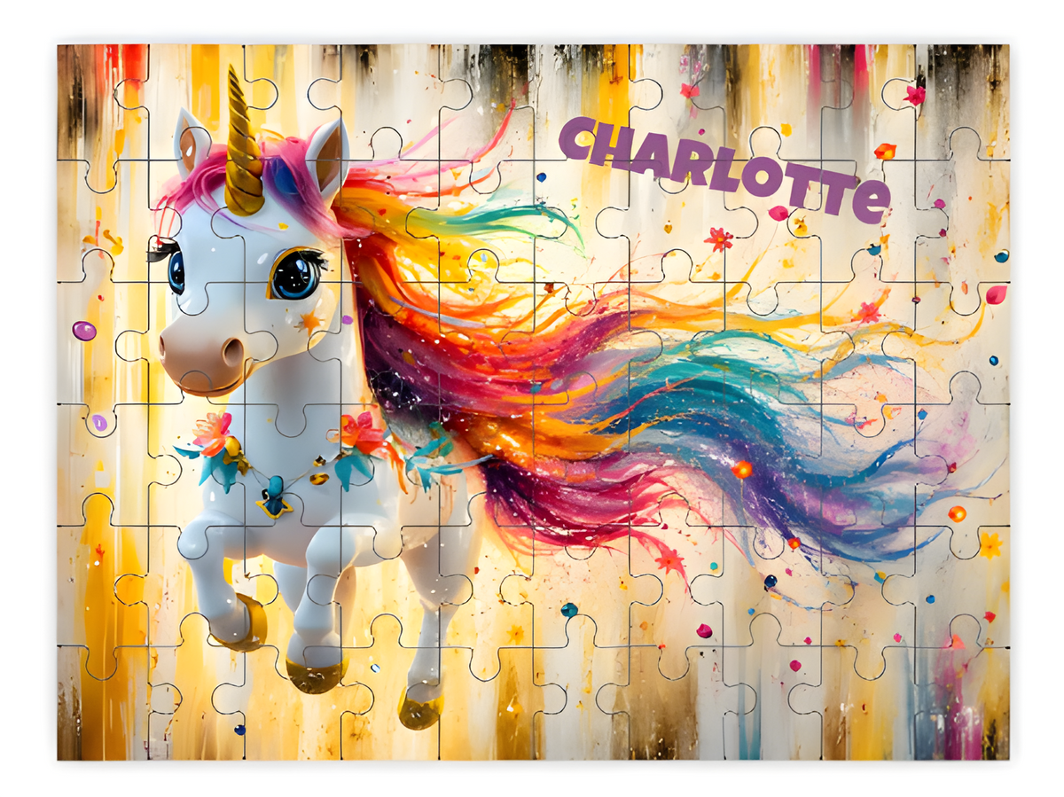 Personalized Rainbow Unicorn Wooden Puzzle with Name | 3D Unicorn, Gold Horn, Rainbow Mane, Watercolor Background | 60 Pieces | Custom Gift for Girls
