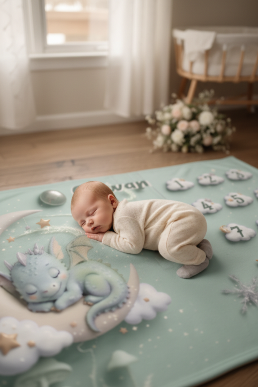 Personalized Baby Milestone Blanket with Name | Sleeping Dragon & Moon | Custom Dragon Baby Gift