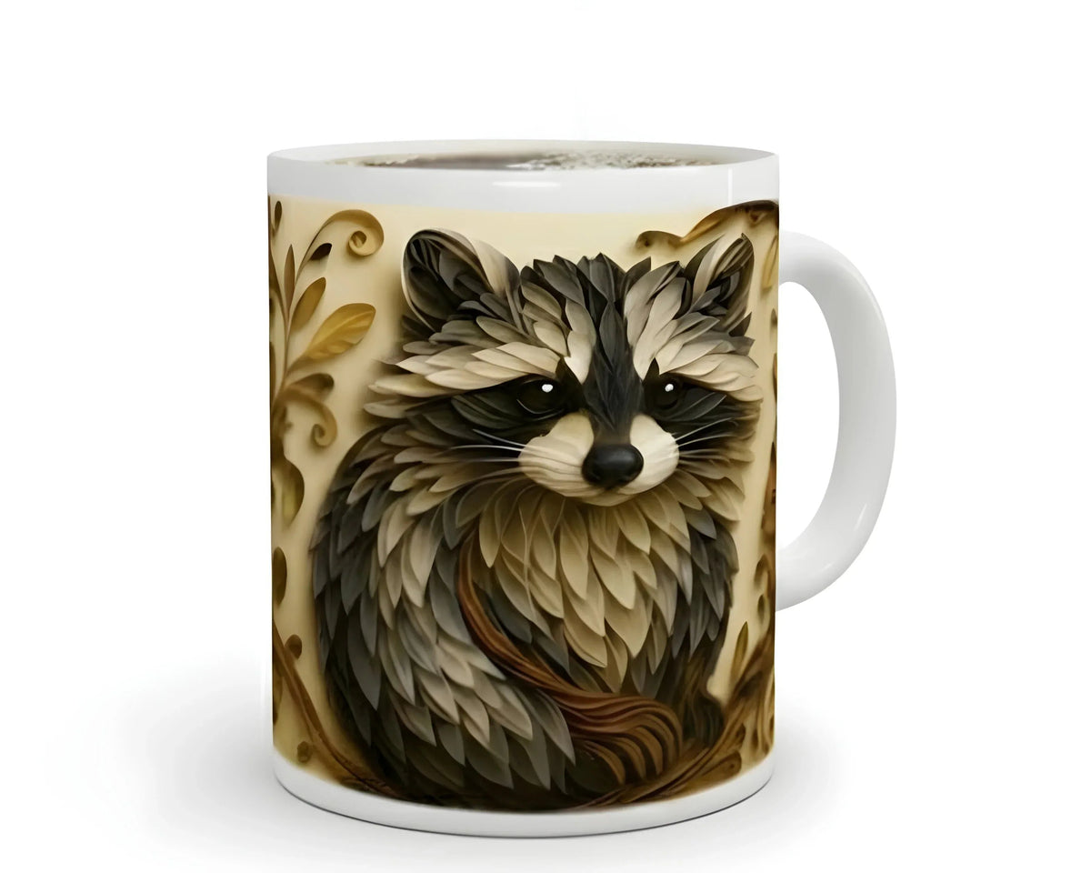 Whimsical Raccoon Mug | 3D Quilling Art Style | Woodland Animal Coffee & Tea Ceramic Gift