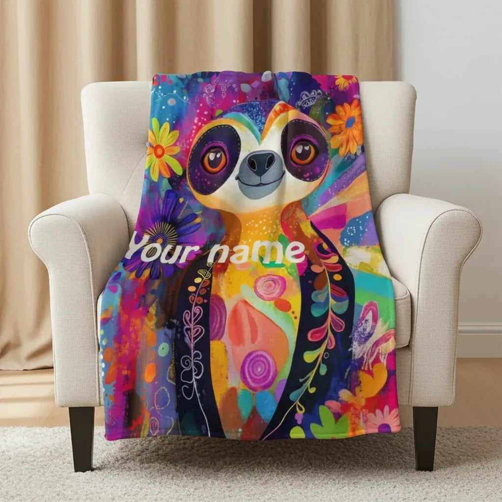Personalized Sloth Blanket | Custom Name | Tropical Floral 310gsm Fleece Throw Gift