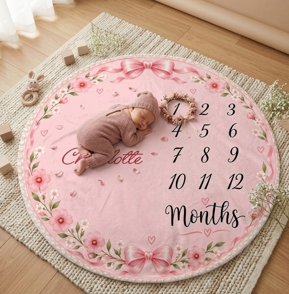 Personalized Baby Milestone Round Blanket with Name - Pink Floral Design with Month Numbers 1-12 and White Ruffle Edge - Baby Girl Gift