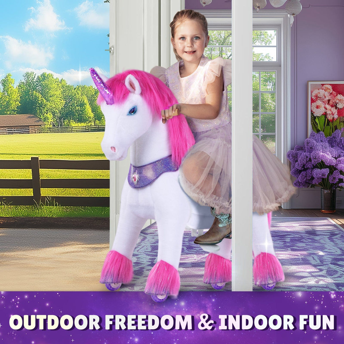 Model Y Pink/Purple Unicorn Rideable Toy for Age 3-4