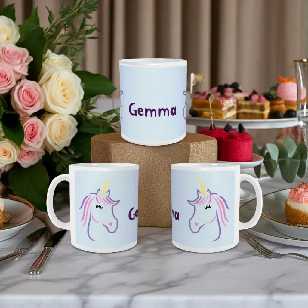 Personalized Unicorn Mug | Custom Name | Colorful Unicorn Face White Ceramic 11oz Coffee Tea Cup Gift